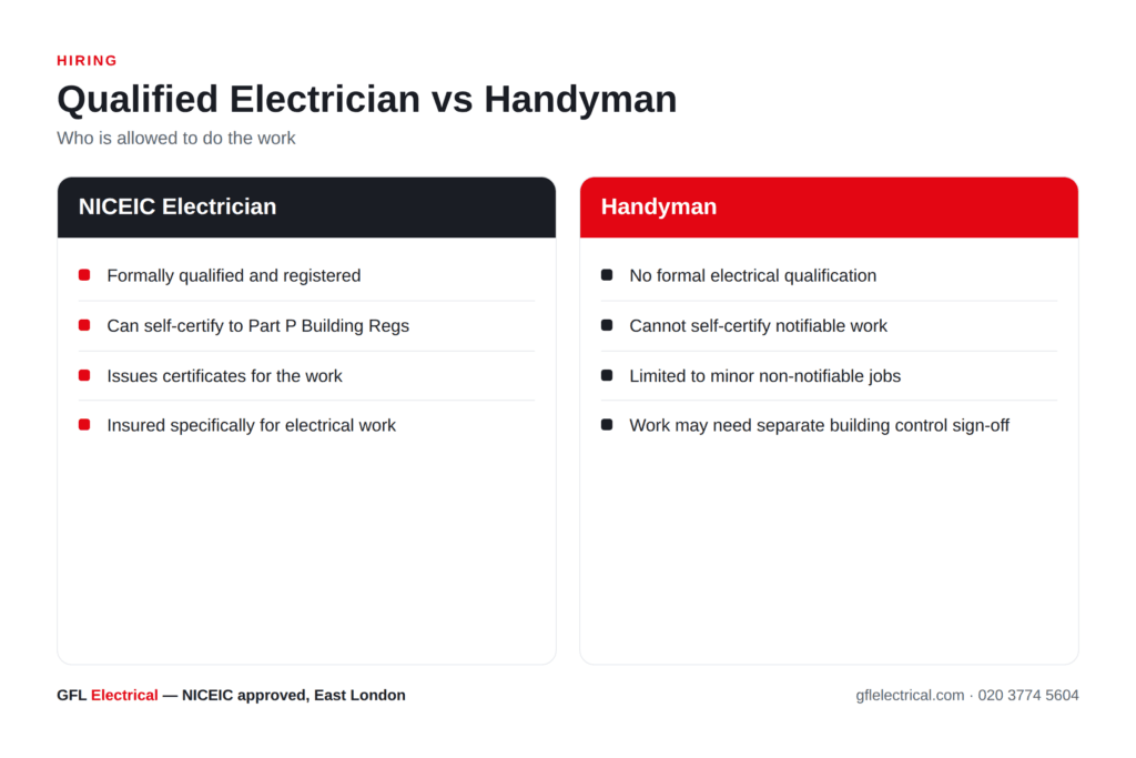 electrician vs handyman uk — GFL Electrical explainer diagram