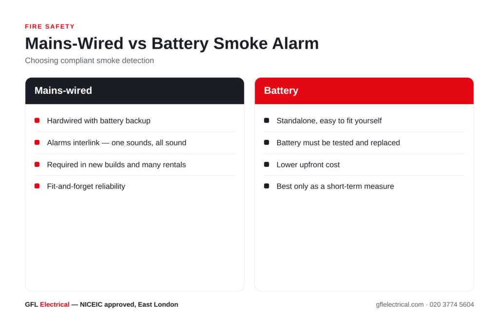 mains vs battery smoke alarm — GFL Electrical explainer diagram